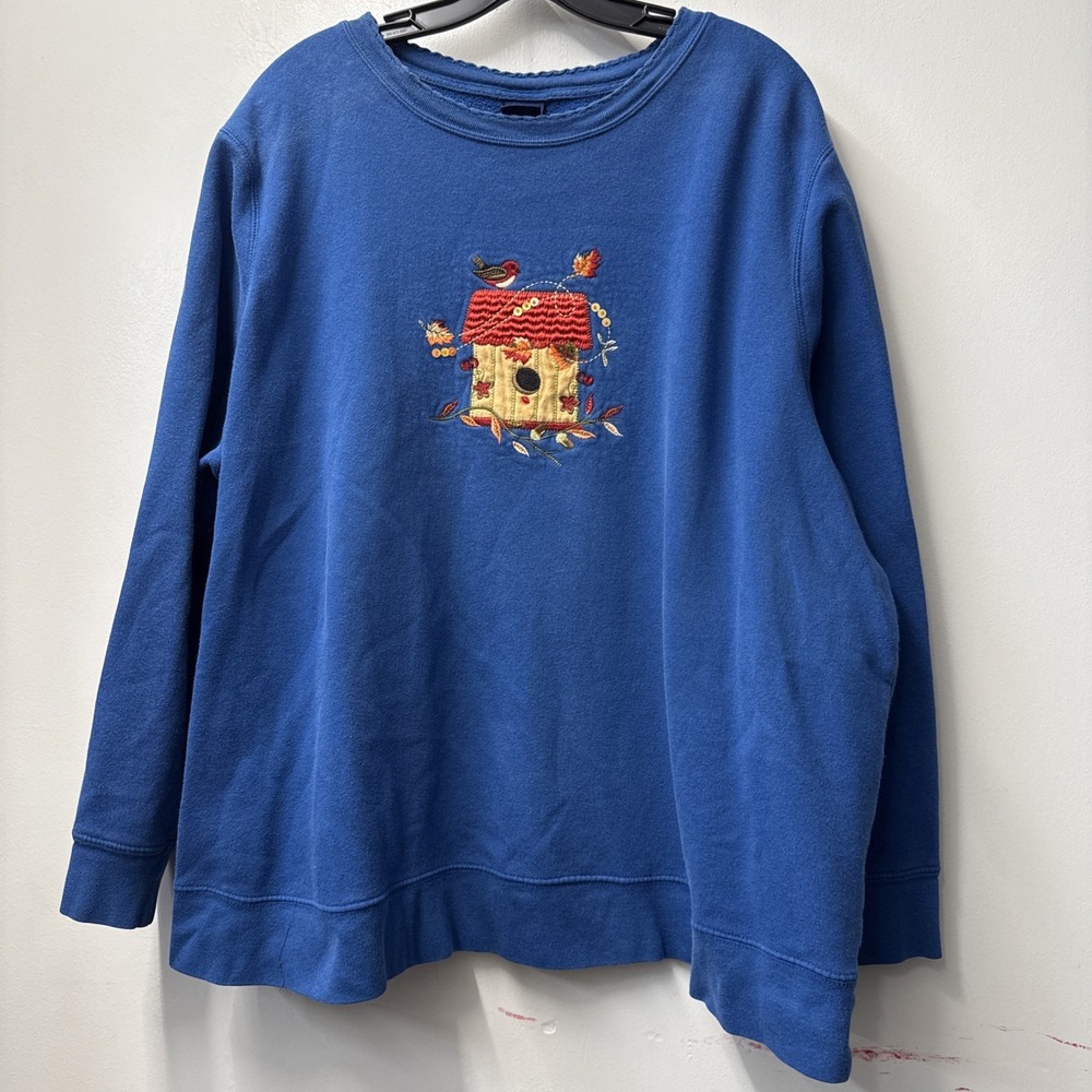 VTG Birdhouse Sweatshirt 3X Bird Fall Cottagecore Grandmacore Scalloped Neck